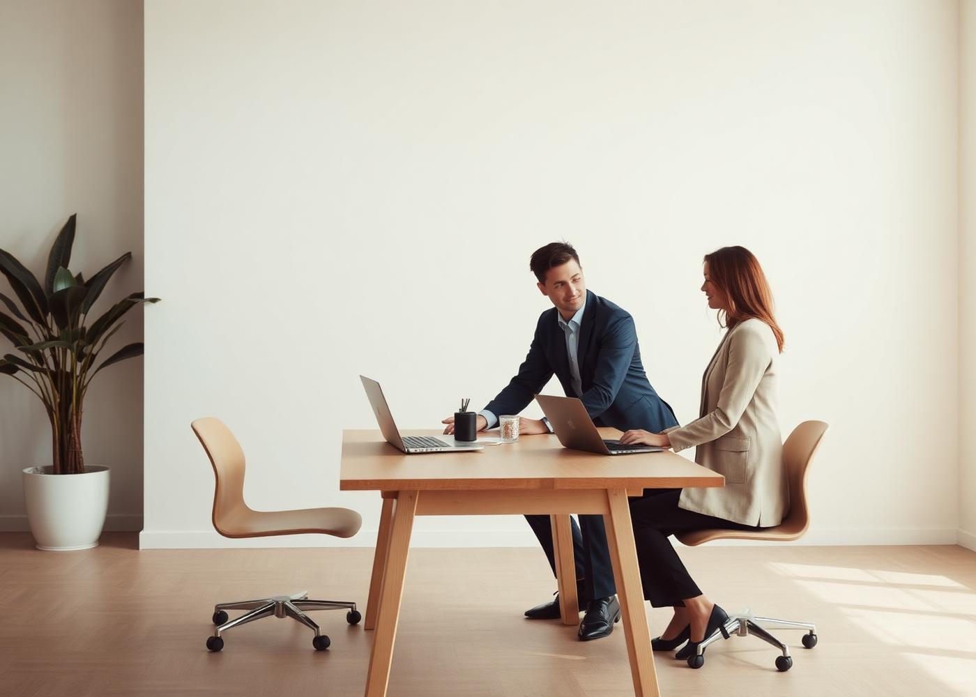 Deux professionnels échangeant dans un bureau lumineux